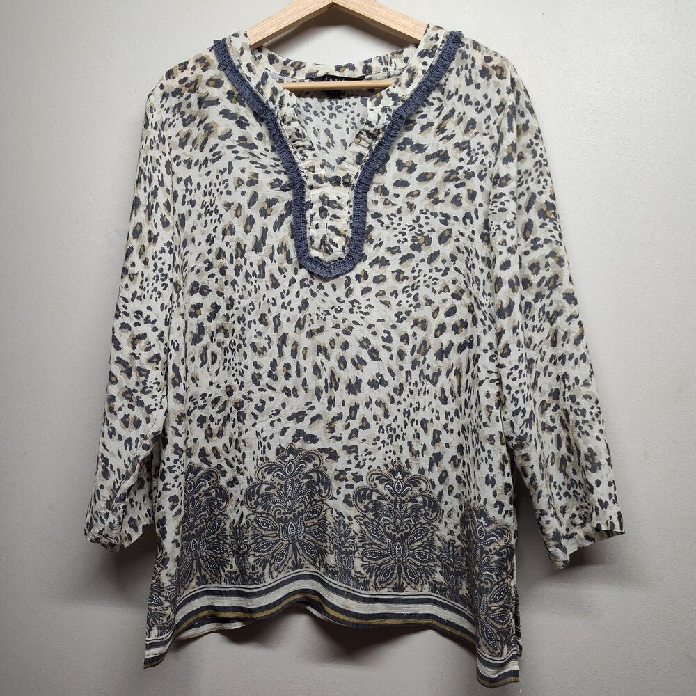 Zac & Rachel Tunic Top Women XL Cream Gray Leopard Fall Bohemian Peasant Casual